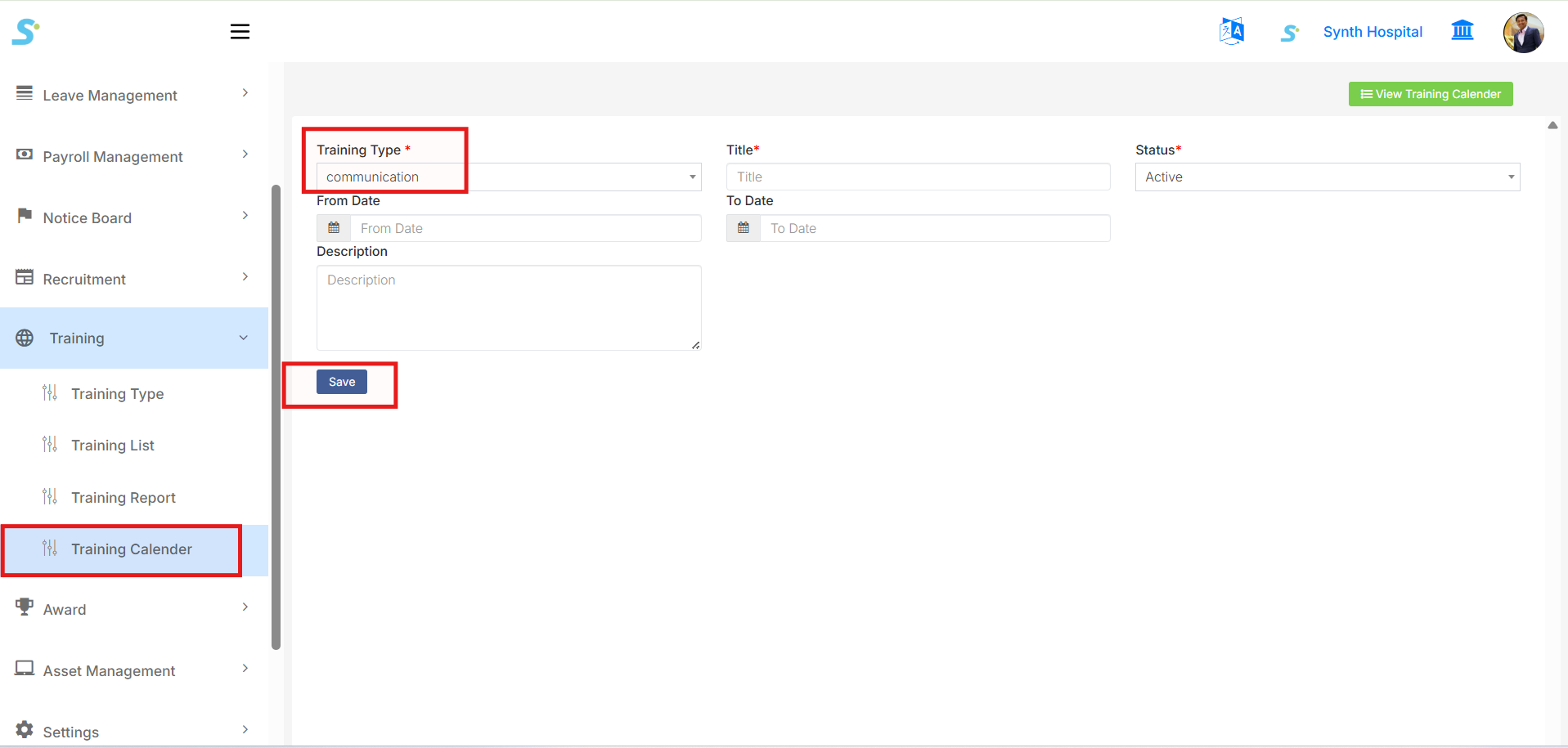 Add Training Calendar Details