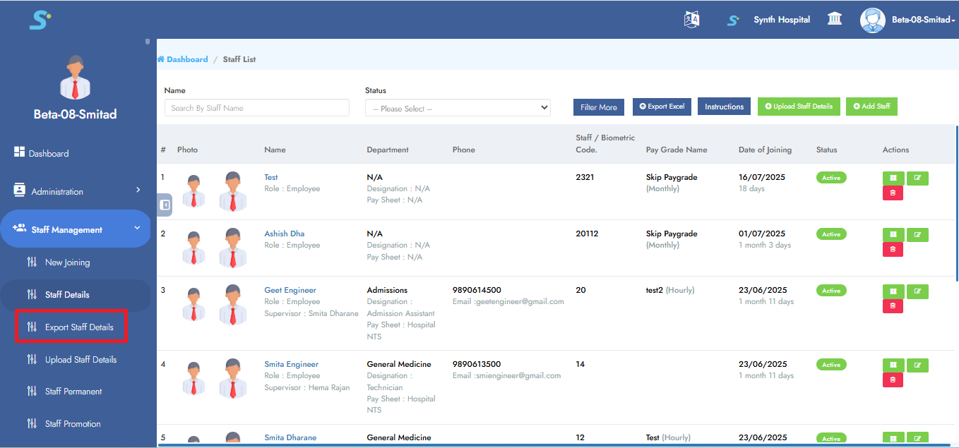 Export Staff Details